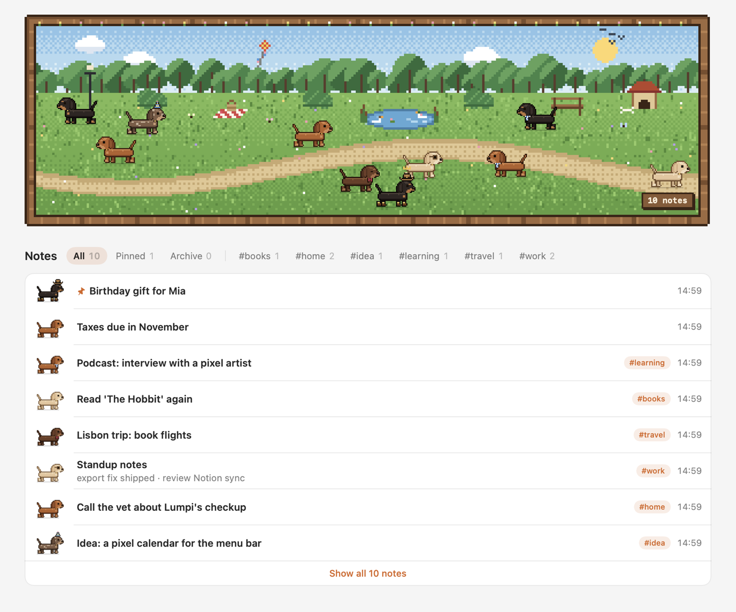 The doxie home page: the dog park on top, a list of notes below, each with a small dachshund