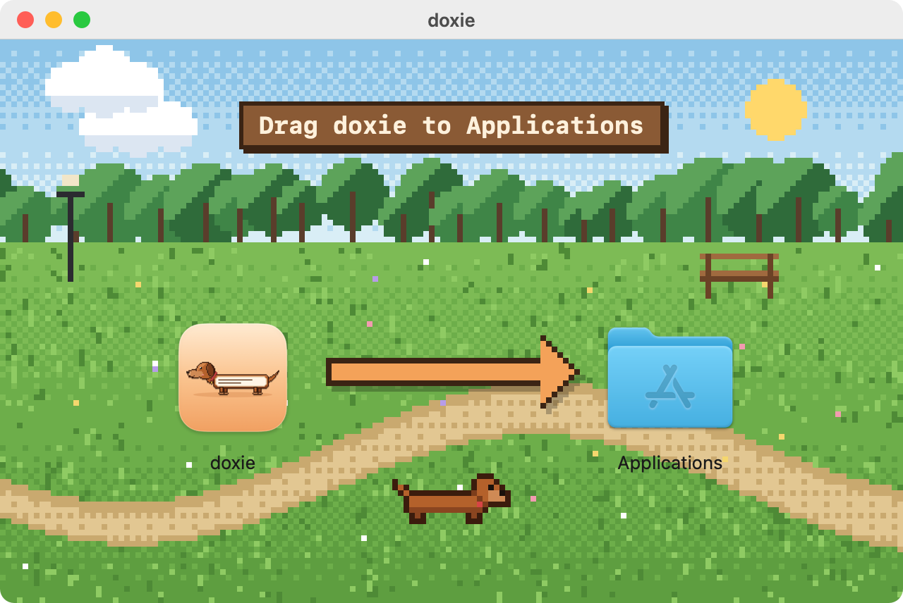 The doxie disk image: drag the doxie icon onto the Applications folder